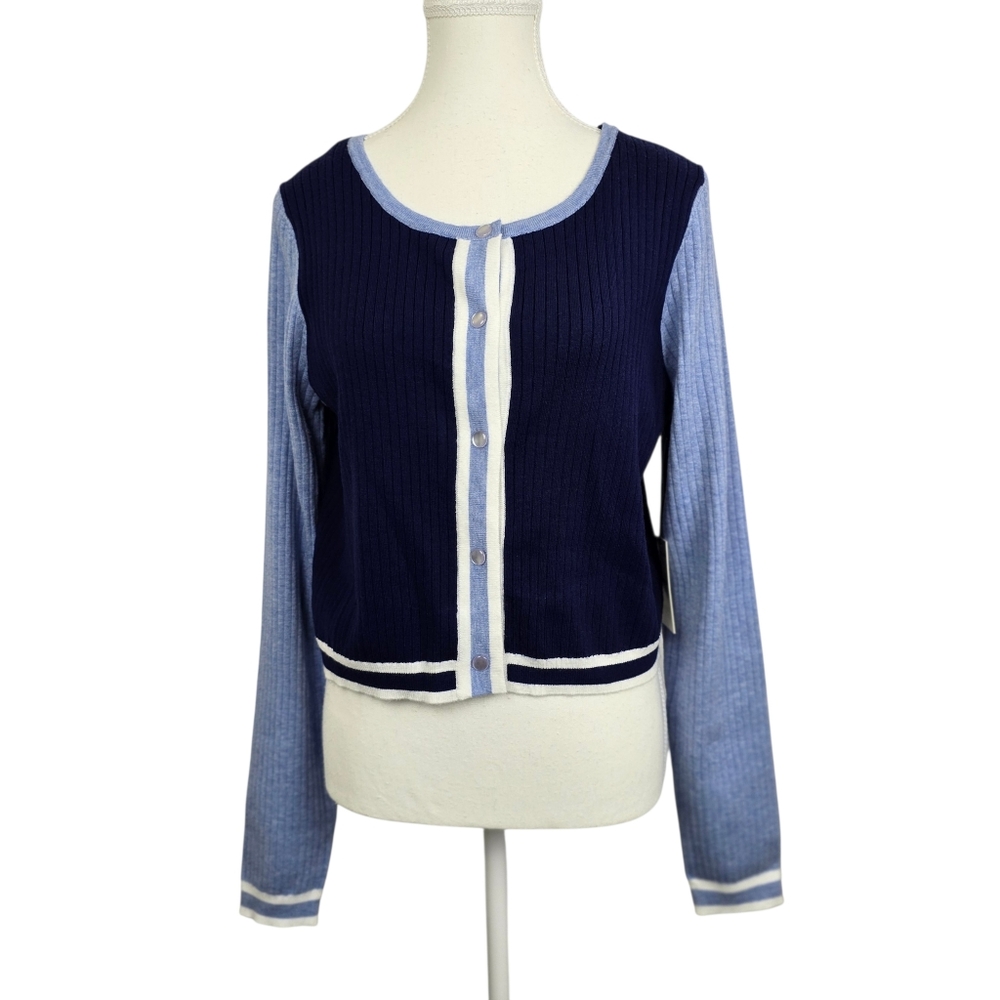 Freshman 1996 Cobalt Blue Color Block Ribbed Cardigan Sz XL Button Front Neutral